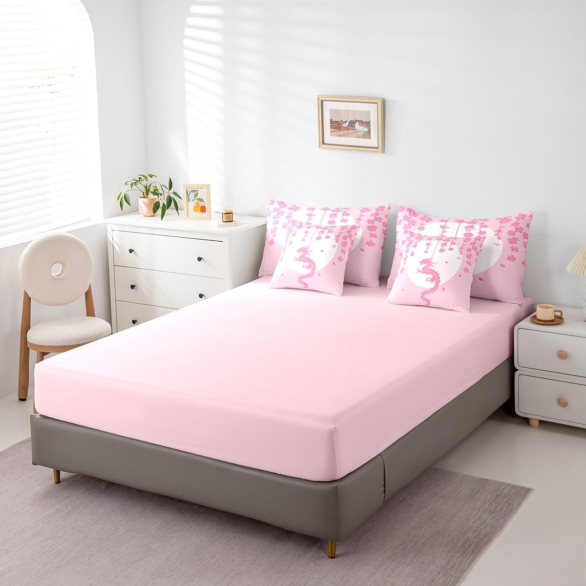 Erosebridal Pink White Kawaii Bedding Set for Kids Girls Teen Women,Fantasy Animal Dragon Twin Comforter Set 7 Piece Magical Wildlife Bed in A Bag Aesthetic Romantic Cherry Blossom Bed Set