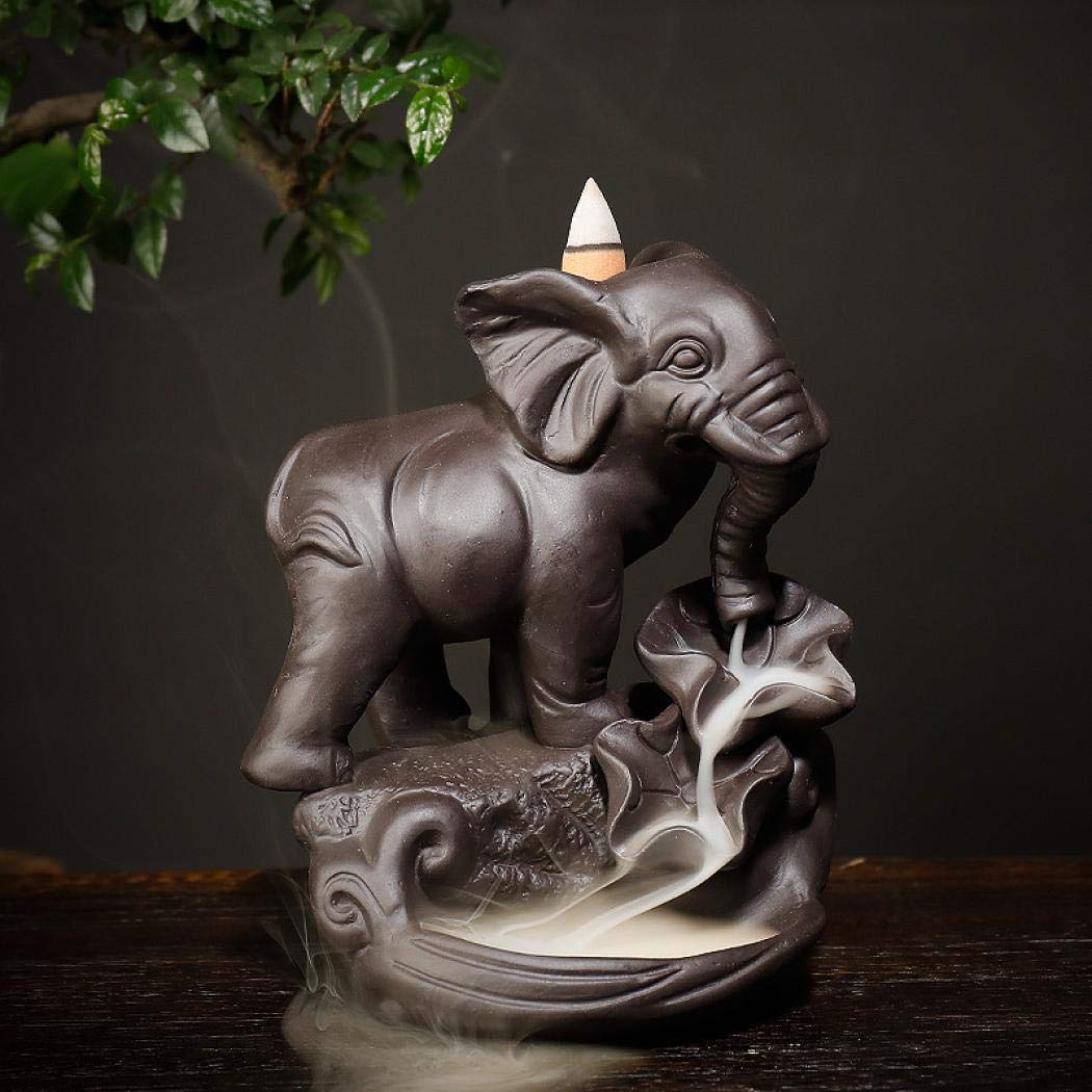 Backflow Incense Holder Burner Handmade Ceramic Incense Cones Sticks Holder Home Decor Waterfall Backflow Incense Burner Censer + 10 Backflow Incense Cones Gift (Elephant)