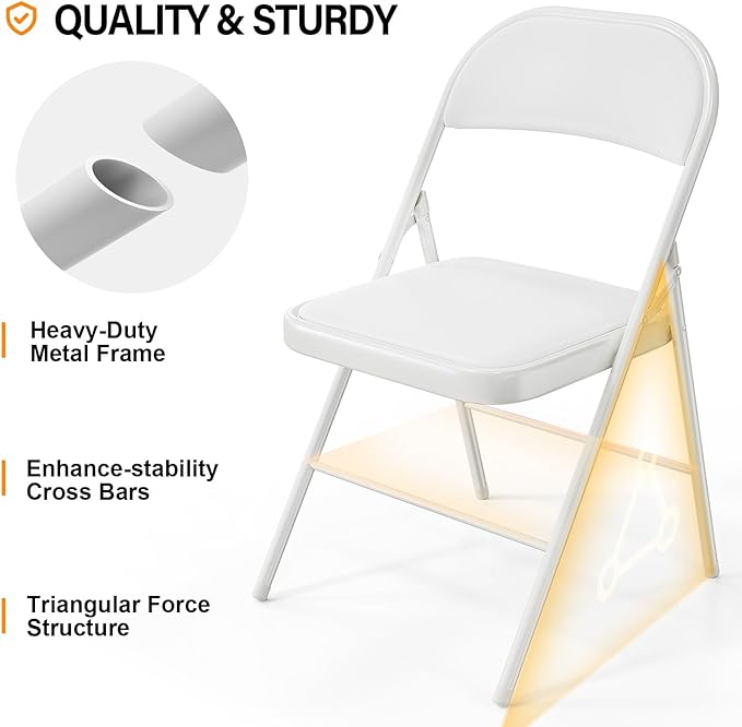 VINGLI 8 Pack Folding Chairs with Padded Seats, Metal Frame with Pu Leather Seat & Back, Capacity 350 lbs, White