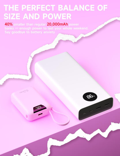 Gidues M2 Portable Charger, 20000mAh Power Bank, PD 35W Ultra Fast USB-C Built-in Cable, Compact Cute Mini External Battery Pack for iPhone, Samsung, Android iPad (Pink)