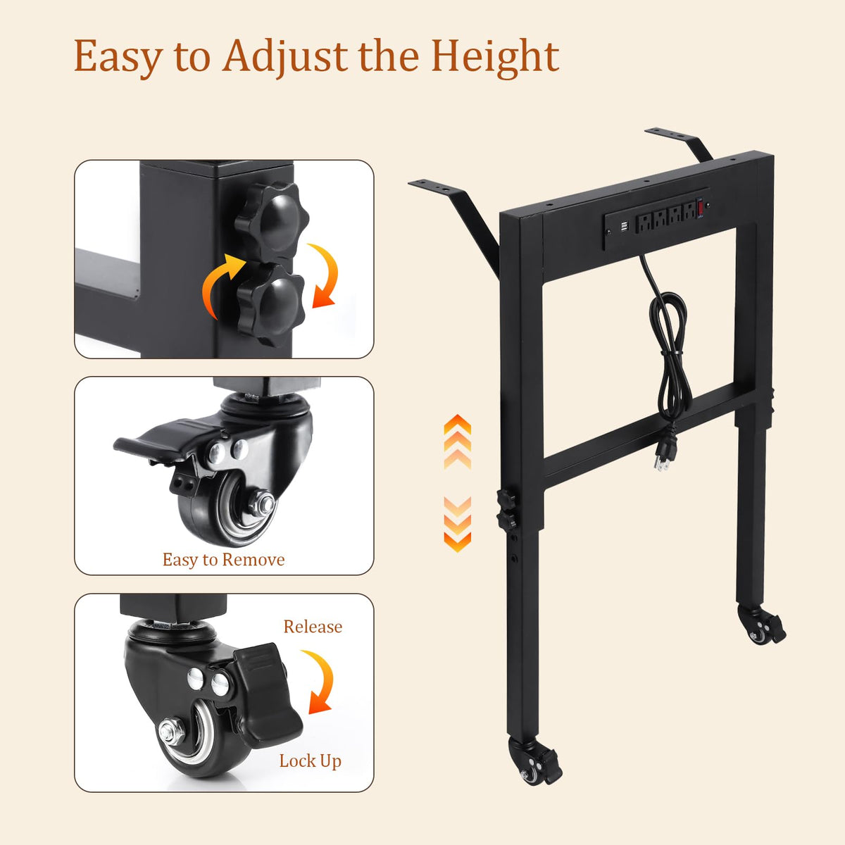 Adjustable Height Workbench Legs with 4 Metal Wheels, Sturdy Industrial Furniture Table Legs with one Pegboard Panel, Perfect for Rolling Work Table and Work Bench