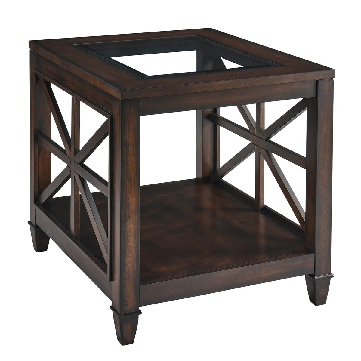 BAXMUY Solid Wood End Table with Tempered Glass Top, 28" x 24" Large Farmhouse Side Table for Living Room, Bedroom & Office, Vintage Walnut