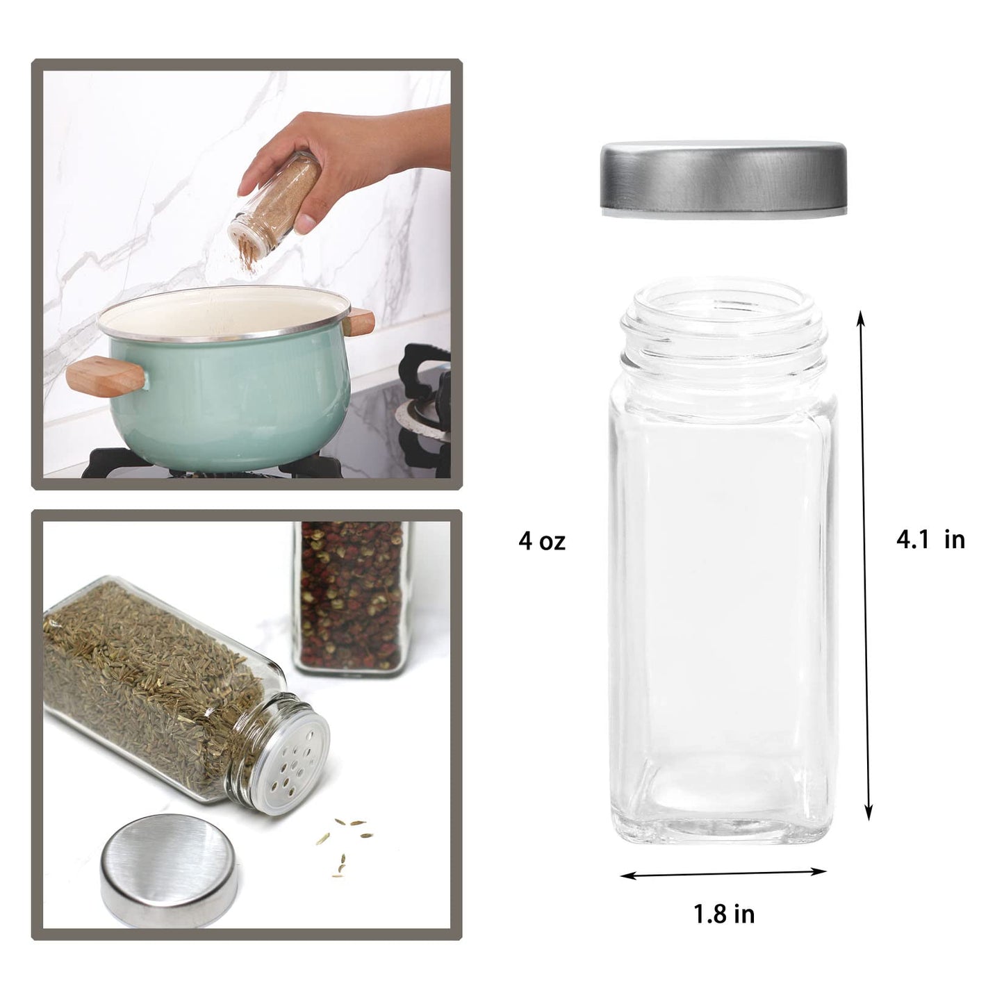 Tianifa 6pcs Spice Jars, 4 oz Glass Seasoning Bottles, Spices Container, Empty Spice Jars, Square Spice Bottles with Airtight Stainless Steel Caps with Shaker Lid