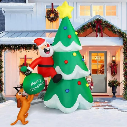 Christmas Inflatable Outdoor Decorations, 6.6FT Christmas Tree,Santa Chased by Dog Inflatable Christmas Blow up Yard Decorations with LED Light Up for Xmas New Year, Winter, Yard Garden Lawn Décor