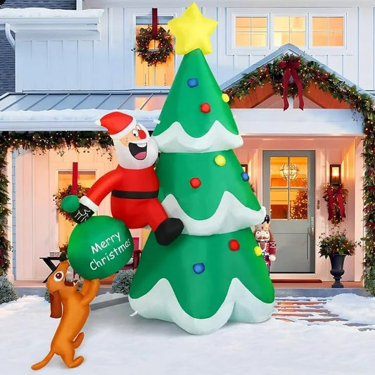 Christmas Inflatable Outdoor Decorations, 6.6FT Christmas Tree,Santa Chased by Dog Inflatable Christmas Blow up Yard Decorations with LED Light Up for Xmas New Year, Winter, Yard Garden Lawn Décor