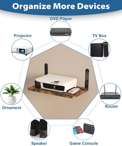 Ardier Wall-Mounted Projector Shelf, Wooden Media Holder Holds Up to 24 lbs, Floating Entertainment Shelves Furniture for Cable Box, WiFi Router, TV Box, Game Console, DVD Player, Black