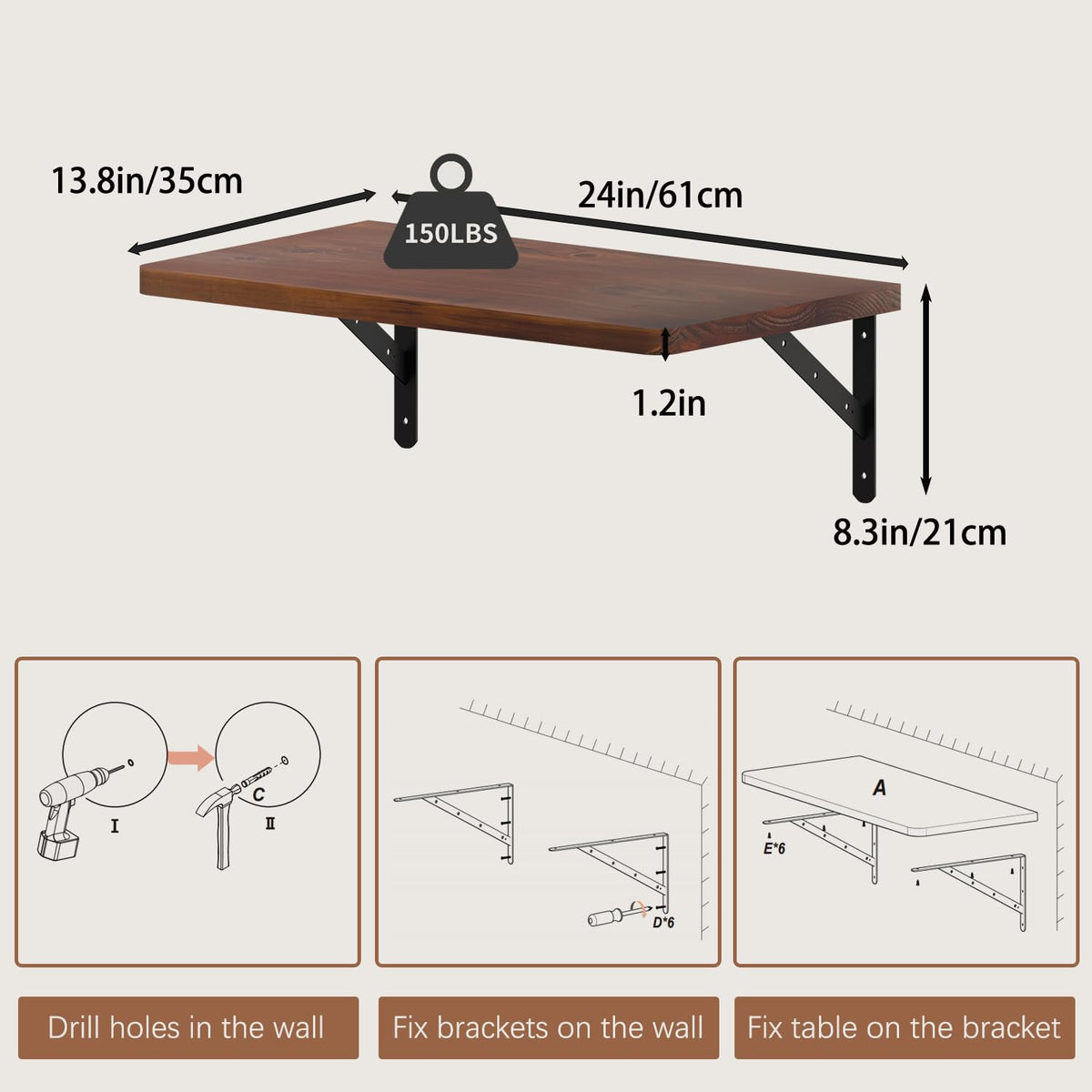 ONOTETUT Floating Wall Desk for Home Office,Wall Mounted Table with Pine Wood,24 Inch Workbench for Garage,Work Table with Heavy Duty Brackets for Kitchen,Dining,Laundry,Floating Shelf for Wall