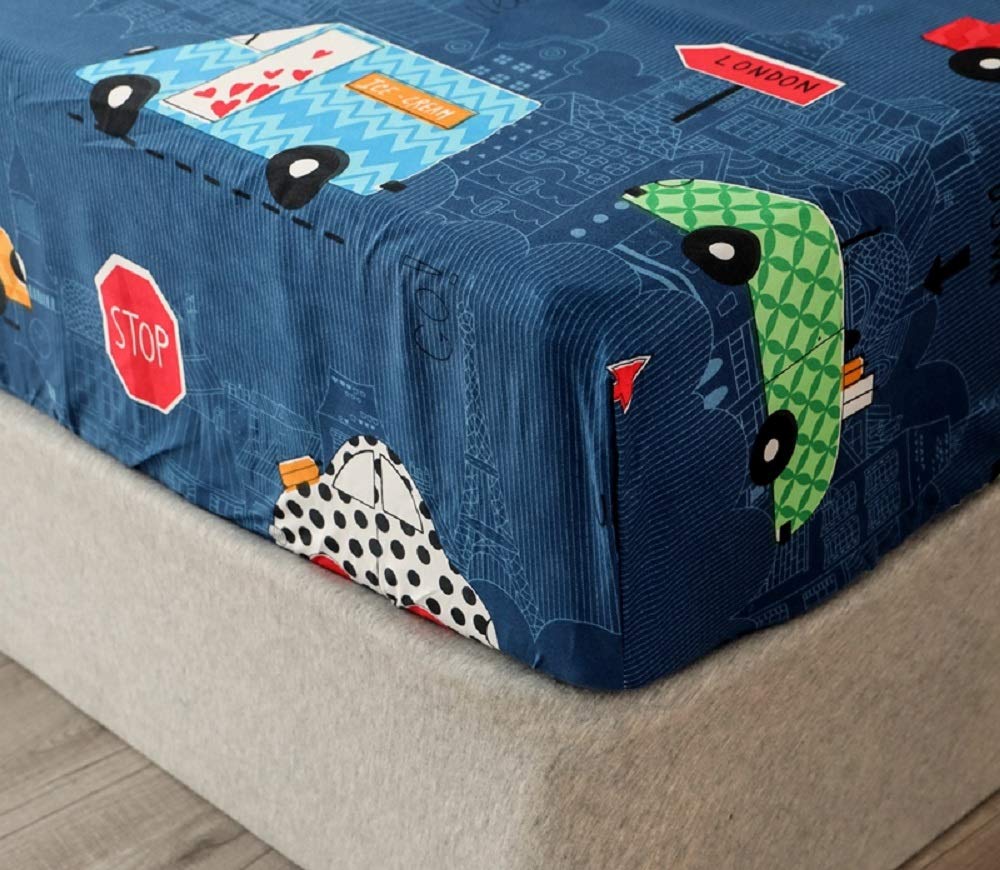 NATURETY Bedding Fitted Sheet with Deep Pocket Mattress Cover Sheets,Thicken Fabric Cars Printed Bed Sheets (Navy Blue(Cars), Twin)