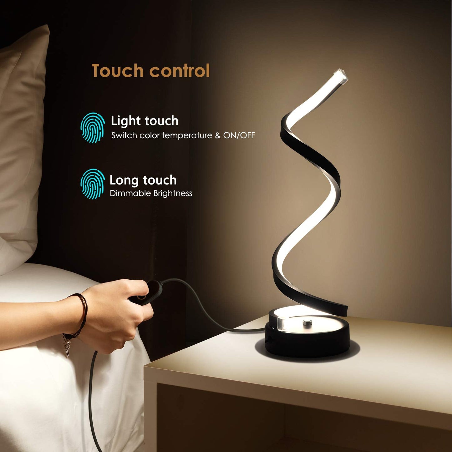NUÜR Classic Spiral LED Table Lamp Black, Dimmable Metallic Bedside Lamp with Touch Controller, 3 Colour Temperature, 15.8 Inch Height, Contemporary, Decorative Lamp for Home, Living Room & Office