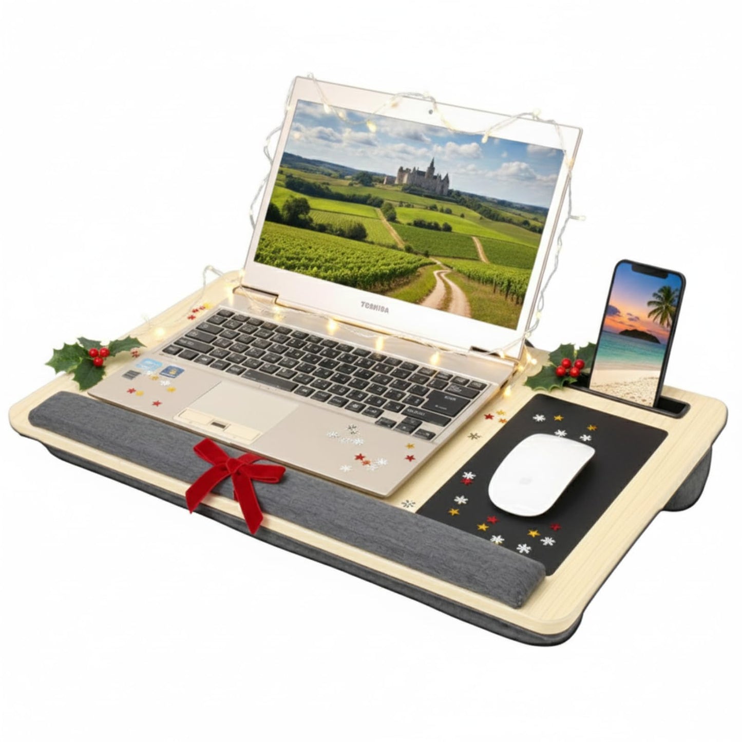 Japard Laptop Lap Desk with Mousepad, Cushion, Wide 21", Fits up to 15.6 inch, Portable Handle, Tablet Pen Phone Holder Wood Natural Home Office Gift