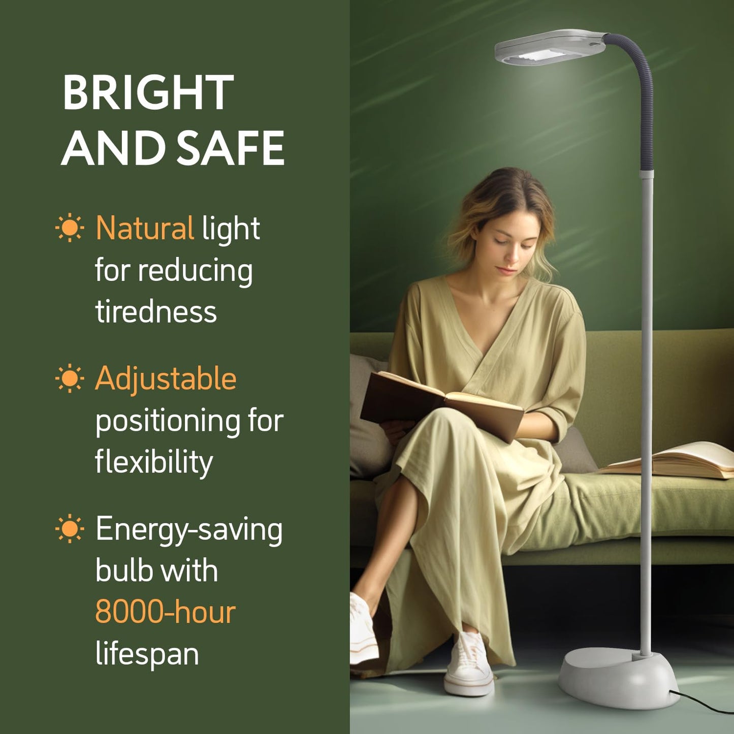 Kenley Natural Daylight Floor Lamp - Craft Light Floor Standing for Reading, Crafting, Sewing - Adjustable Gooseneck - Task Lamps for Living Room, Bedroom, Office