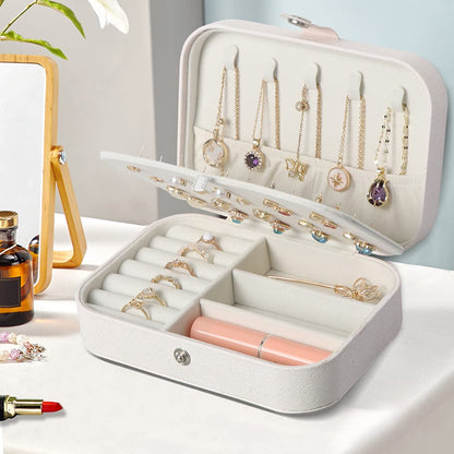 Travel Jewelry Box, Small Jewelry Organizer Boxes for Women Girls, 2 Layer Travel Jewlery Case, PU Leather Mini Portable Jewerly Storage Display Holder for Earrings, Ring, Necklaces, Bracelets - White