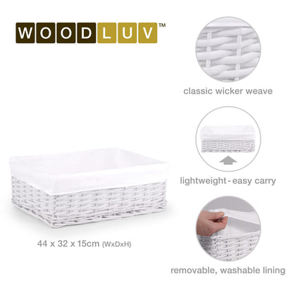 woodluv New White Wicker Storage Basket With White Cloth Lining (Large)