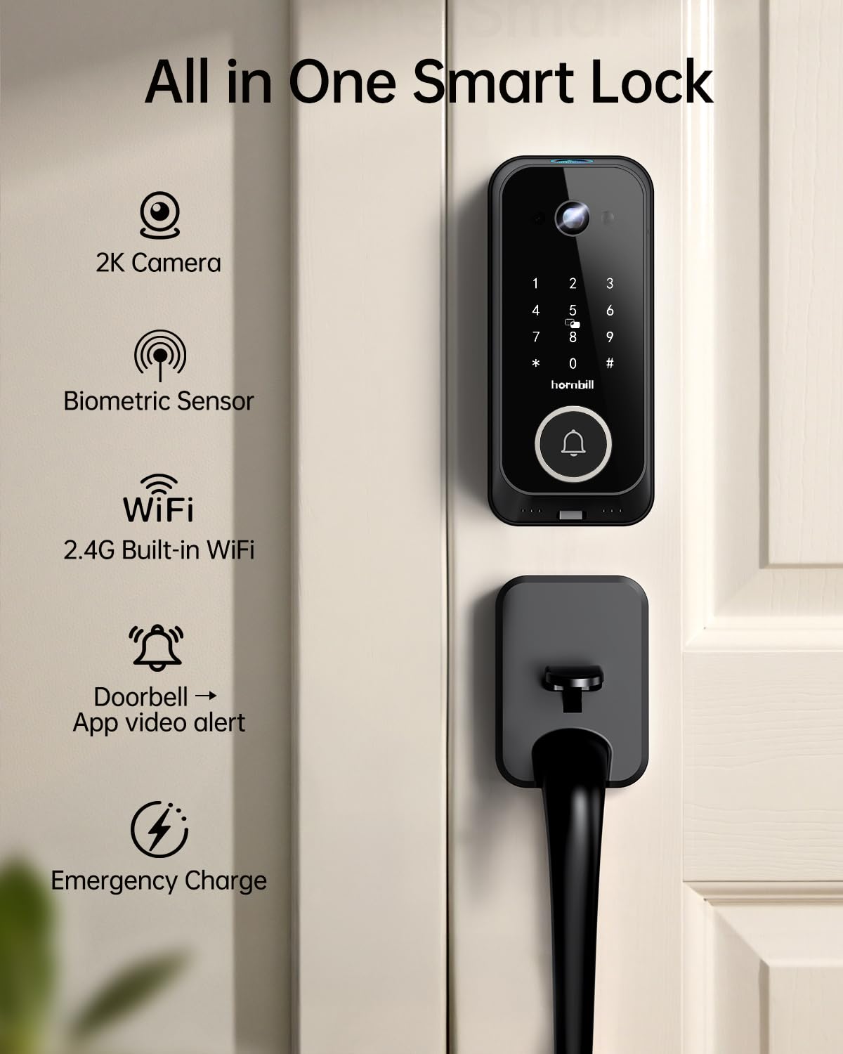 Video Smart Lock with Camera: 4-in-1 Ring+2K Camera+Doorbell+Fingerprint Hornbill Keyless Entry Door Lock, Built-in WiFi Deadbolt(only 2.4G), Two-Way Audio/App Remote Control/PIR, No Monthly Fee