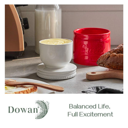 DOWAN Butter Dish, French Butter Crock With Lid for Spreadable Soft Butter, Porcelain Butter Keeper With Waterline for Counter, Embossed Butter Container Home Gift Kitchen Decor, Beige