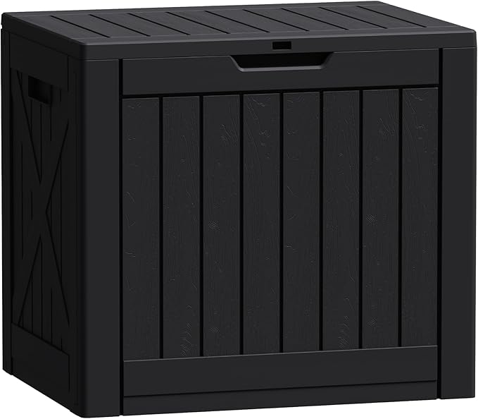 Flamaker Resin Deck Box 40 Gallon Waterproof Outdoor Indoor Storage Box Imitation Wood Resin for Patio Furniture Garden Tools and Pool (Black)