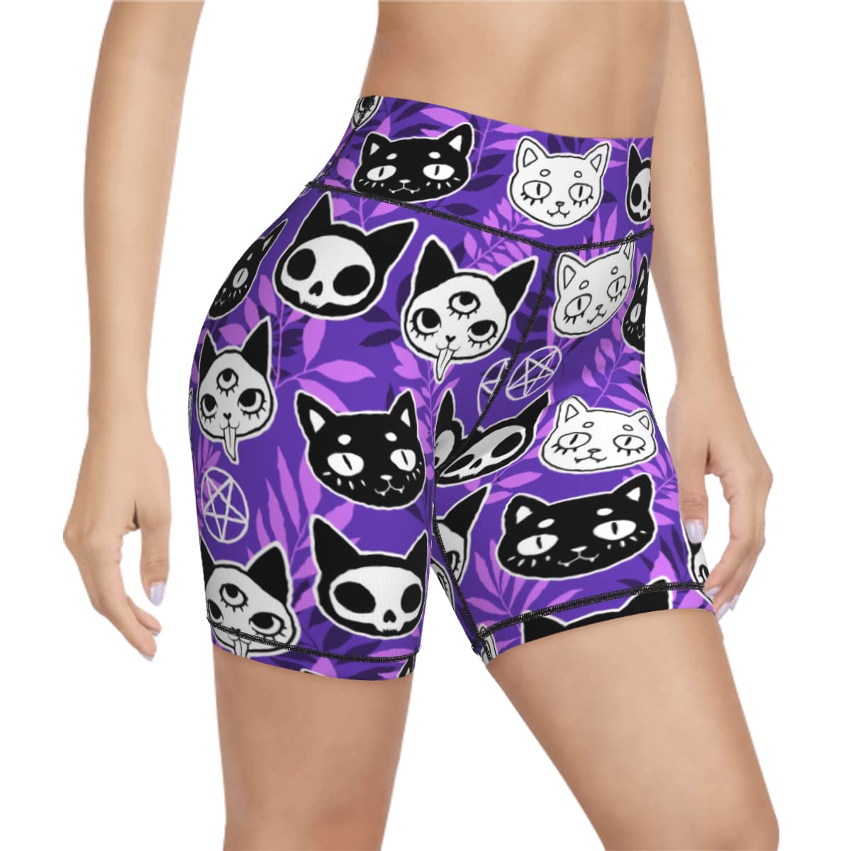 Purple Ghost Cat Witchy Women's High Waist Bike Shorts for Workout Sports Athletic Running Hiking Biker Yoga Gym Medium Size