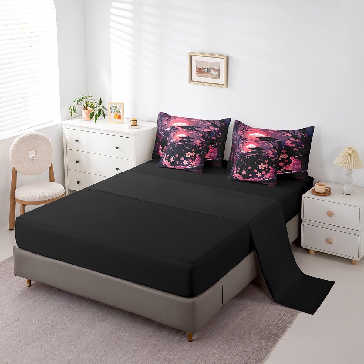 Erosebridal Pink Cherry Blossom Queen Comforter Set,Japanese Style Floral Bed Set 7 Piece for Kids Girls Women,Oriental Aesthetic Bedding Set Mountain Scene Bed in a Bag with Fitted Sheet,Flat Sheet