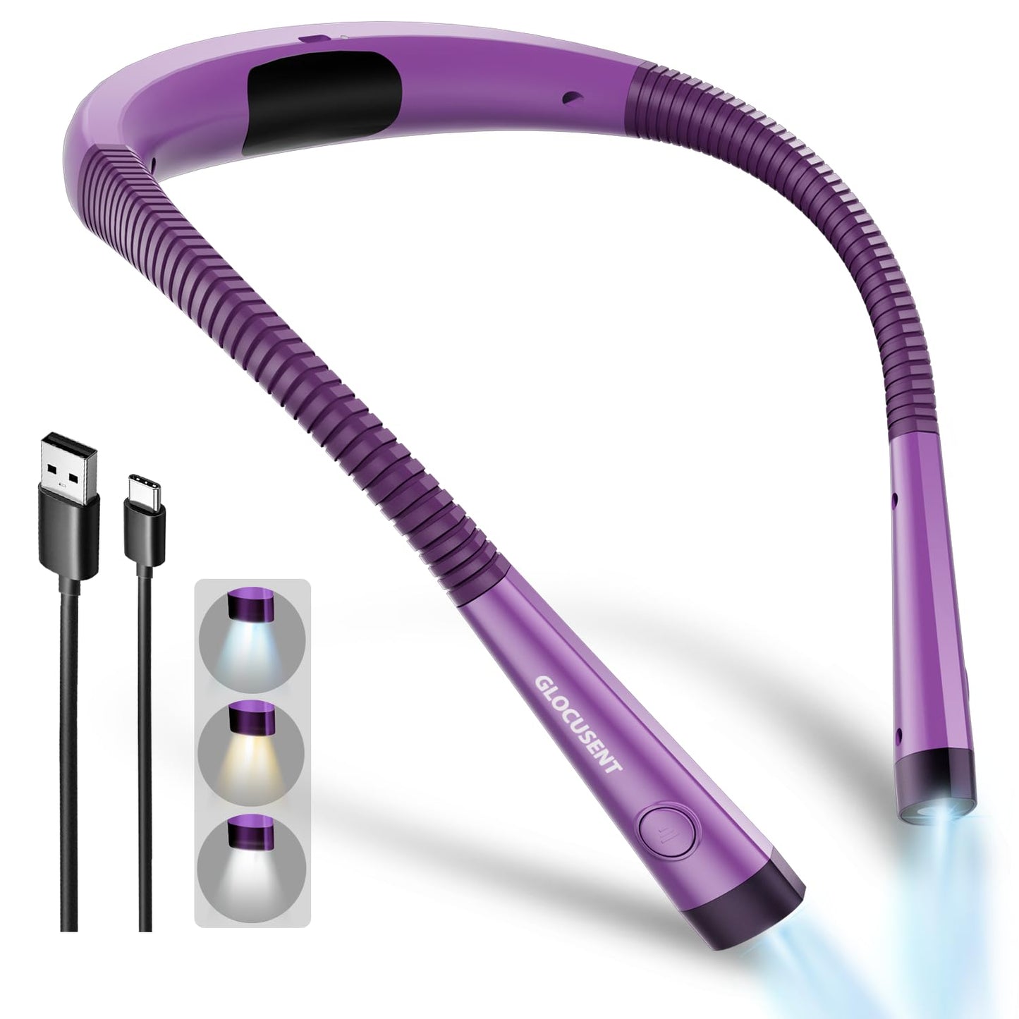 Glocusent Book Light, 3-Color & 6-Brightness Reading Light, Bendable Neck Light, 80-hr Lasting Rechargeable Book Light, Perfect Reading Lights for Books in Bed, Knitting, Repairing, Book Lovers Gifts