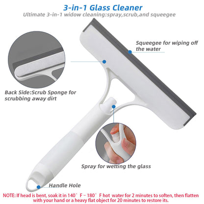 3 in 1 Window Squeegee, Cleaning Scraper with Scrubber Sponge Sprayer Clean Kit for Glass, Tile Walls, Shower Door, Car, Bathroom Cleaner (White)
