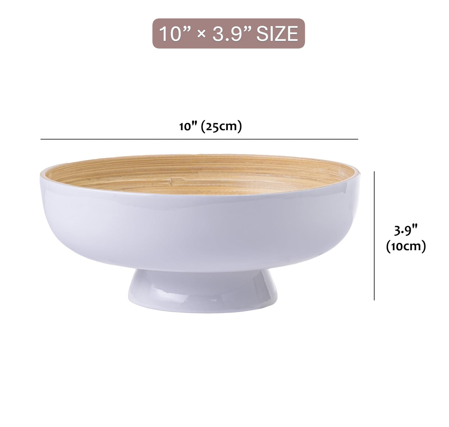 PEMAR 10" Lacquer Bamboo Fruit Bowl for Kitchen Counter, Handmade Large Decorative Pedestal Bowl for Entryway Table Home Decor, Key Bread Candy Snacks Organizer (White Cream)