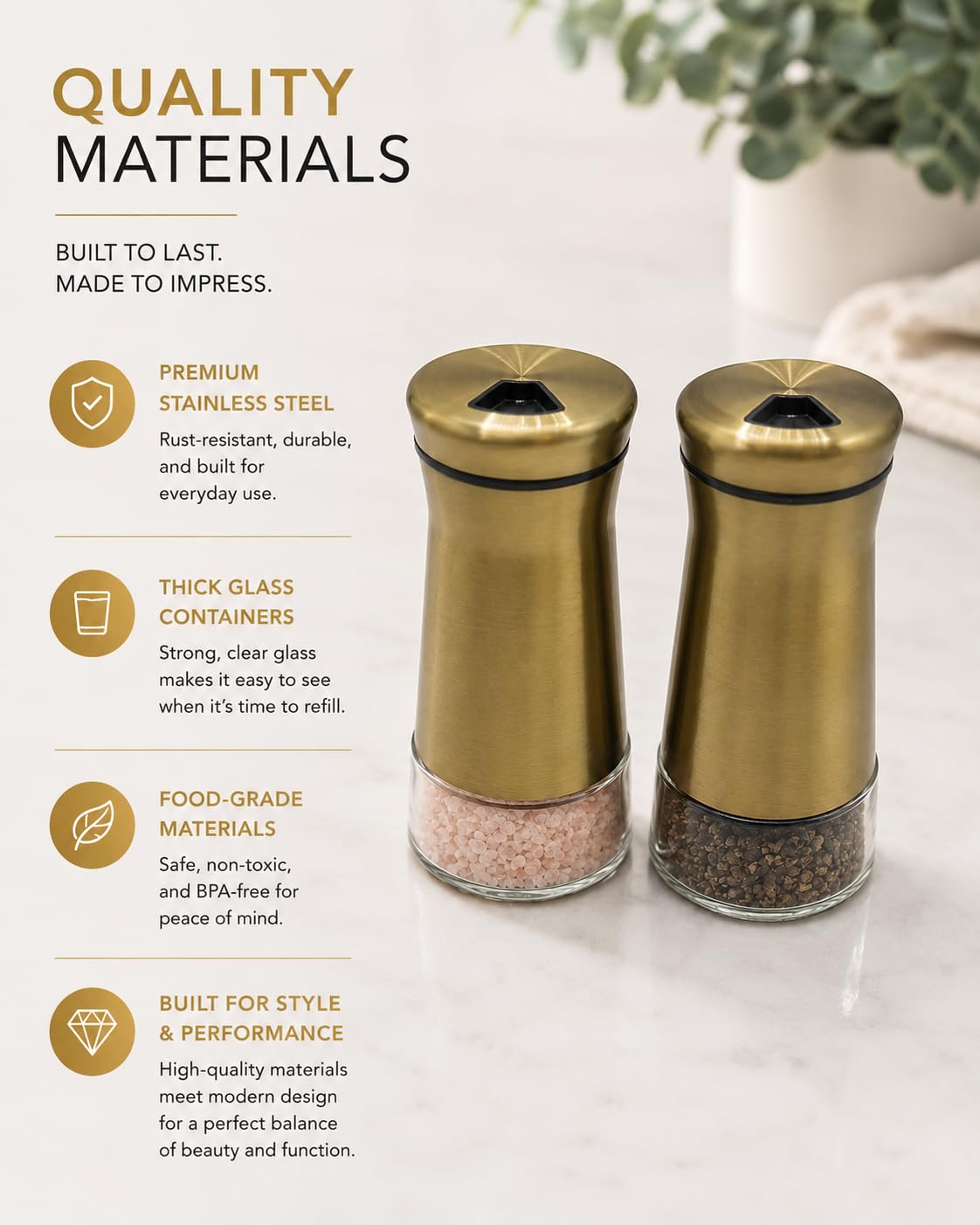 Elegant Gold Salt and Pepper Shaker Set Adjustable Pour Holes Stainless Steel and Glass Modern Design Adjustable Top Makes it the ideal Spice and Seasoning Dispenser Kitchen Sugar and Cinnamon Shakers