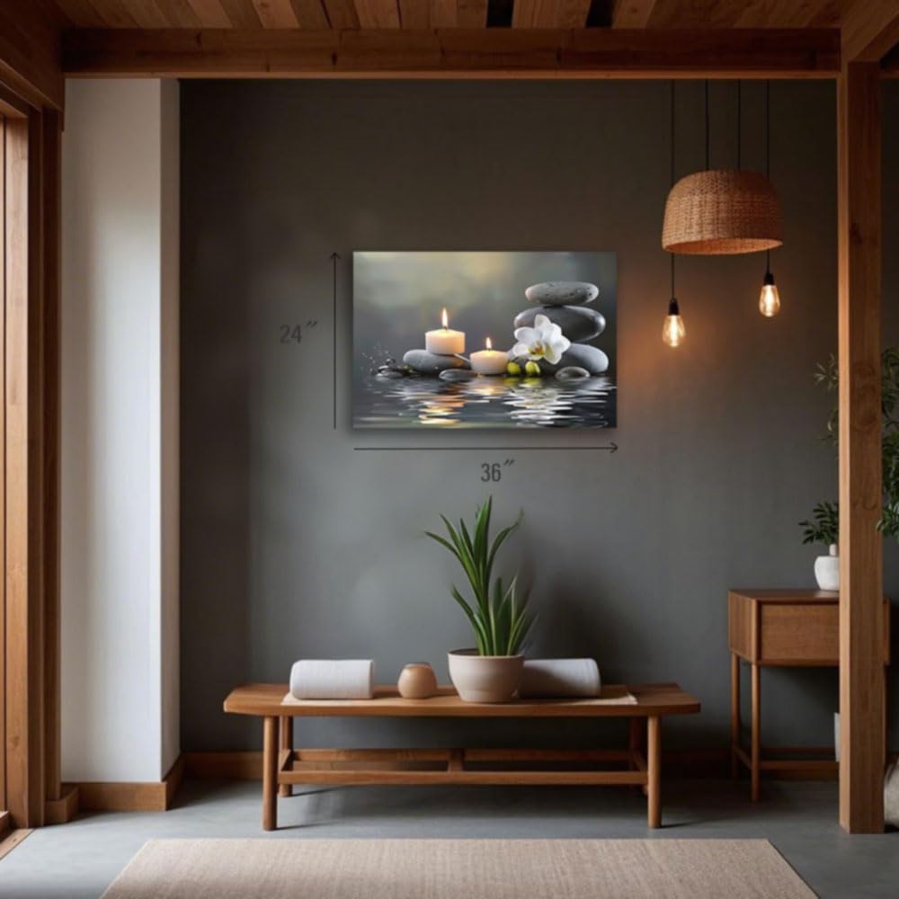 CGXLB Zen Stone Wall Art Candles & Orchid Painting Serene Water Decor for Spa Bathroom Bedroom Meditation Room 24"x36"