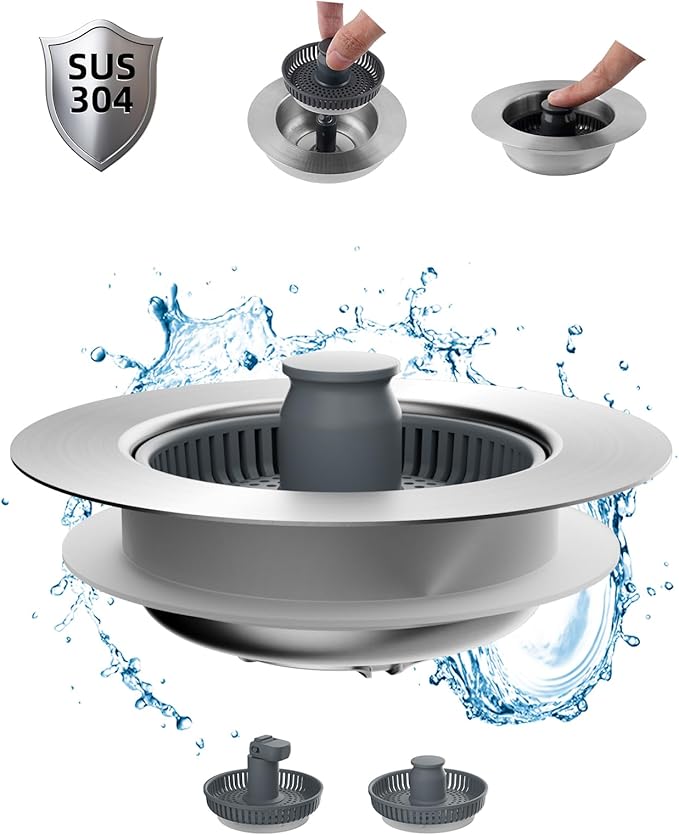 Hibbent Upgraded 3 in 1 Kitchen Sink Drain Strainer and Stopper Combo,