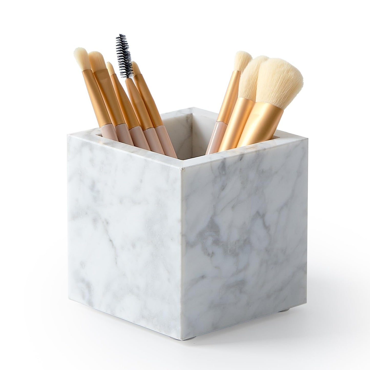 Real Luxurious Natural Marble Toothbrush Holder & Makeup Brush Organizer & Pen Holder for Desk,3.93inch Square Marble Utensil Holder Non-Ceramic/Non-Resin （White）