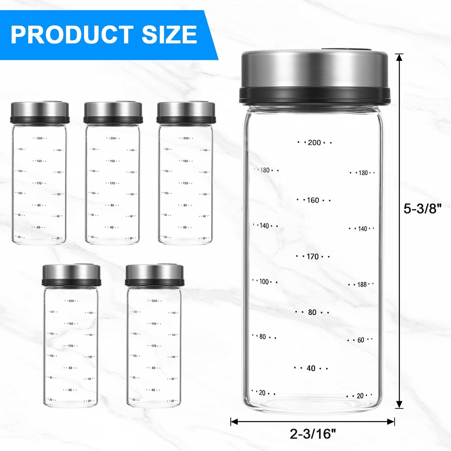 6 Pack Glass Spice Jars, 7 oz Salt and Pepper Shakers with Adjustable Pour Holes - for Seasonings, Herbs, Powders, Glitters