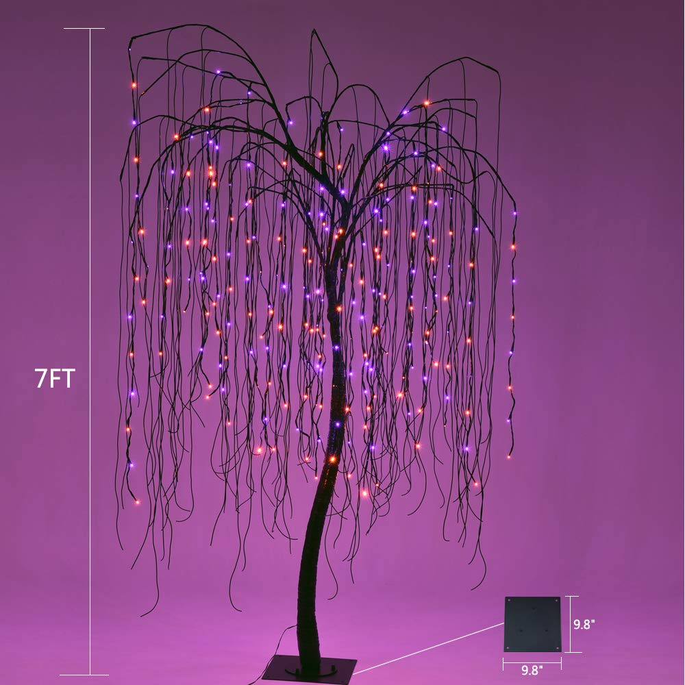 LIGHTSHARE 7 Feet Halloween Willow Tree, 256 LED Lights for Home, Festival, Nativity,Party, and Christmas Decoration,Includes Spiders and White Cobweb,Indoor Outdoor Use,Orange & Purple