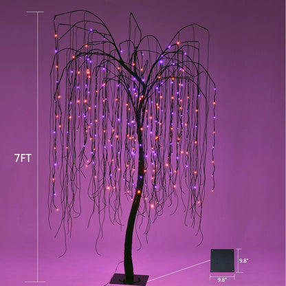 LIGHTSHARE 7 Feet Halloween Willow Tree, 256 LED Lights for Home, Festival, Nativity,Party, and Christmas Decoration,Includes Spiders and White Cobweb,Indoor Outdoor Use,Orange & Purple