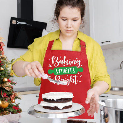 Funny Christmas Baking Aprons for Women Men, Holiday Baking Gifts for Bakers, Red Xmas Kitchen Cooking Aprons with 2 Pockets, Cute Thanksgiving Christmas Apron Gift for Bakers - Baking Spirits Bright