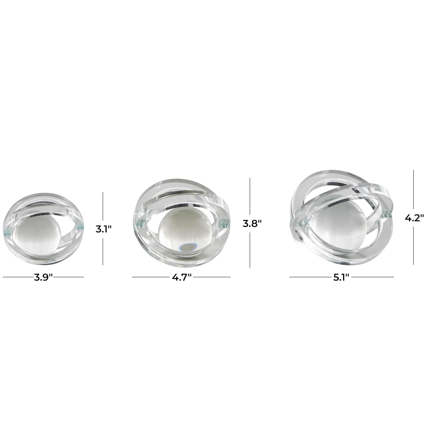 Deco 79 Glass Geometric Decorative Sculpture Orb Home Decor Statues with Overlapping Rings and Ball Center, Set of 3 Accent Figurines 4", 4", 3" H, Clear