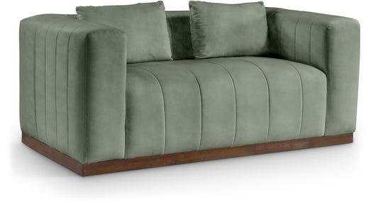 Meridian Furniture 44098Green-L Mallina Collection Modern | Contemporary Loveseat with Soft Green Vegan Leather, Walnut Finish Solid Wood Base, Deep Channel Tufting, 67" W x 36" D x 28.5" H, Green