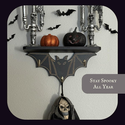 Gothic Bat Shelf Wall Decor with Hooks - Valentines Spooky Goth Themed Gifts for Adults Women with Bat Stickers - Black Floating Shelf for Bedroom Living Room - Unique Vampire Room Lovers Accessories