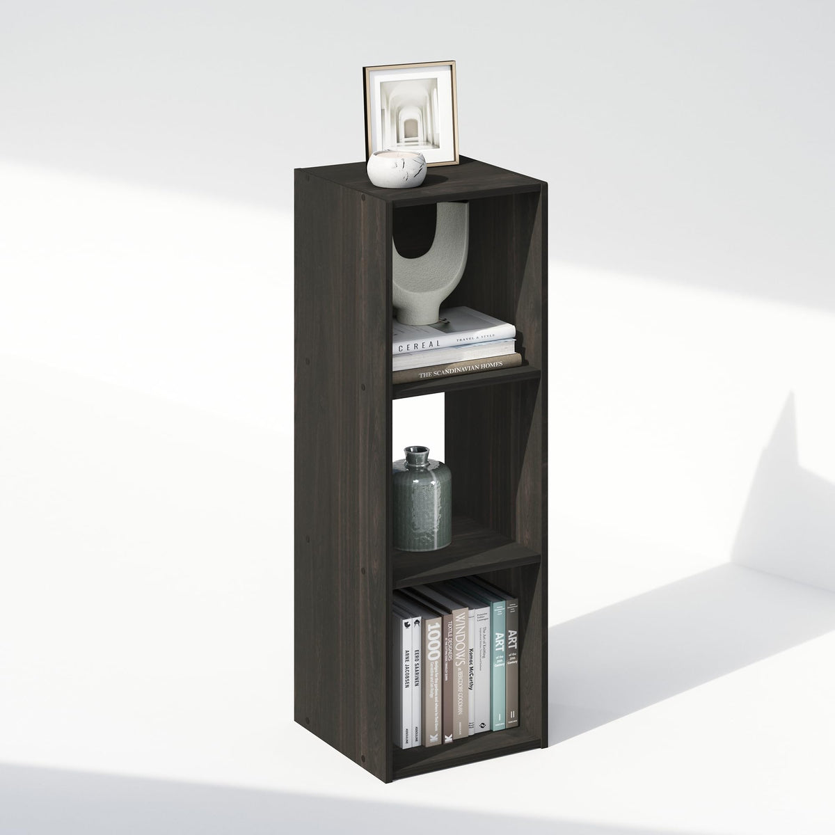 Furinno Pelli 3-Cube Bookshelf, Black Book Shelf, Cube Storage Organizer Bookcase, 11.7 x 12.1 x 35.4, for Living Room, Bedroom, Home Office, Black Espresso