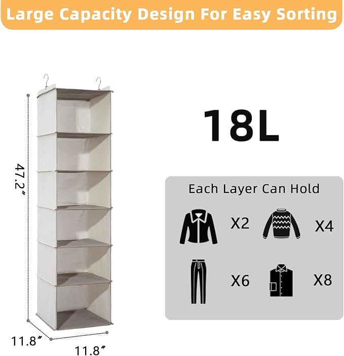 6-Shelf Hanging Closet Organizer and Storage, Collapsible Hanging Shelves