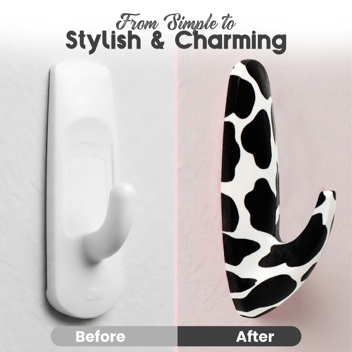 WallCandy Adhesive Stick-on wall Hanging Hook | Pack of 3 Self Adhesive Wall Hooks with Heavy Duty Sticky Strips that Hold Up to 3lbs, Easy to Install Hanging Hook, Bathroom & Kitchen (Cow Print)