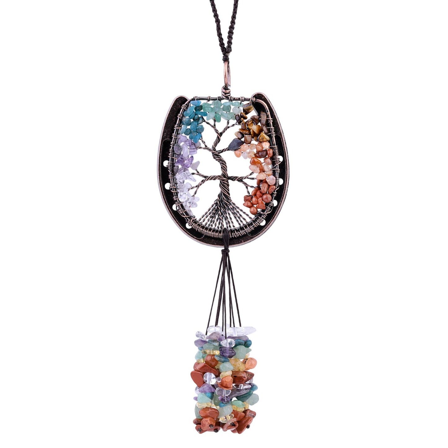 rockcloud Horseshoe with Crystals Tassel Wall Hanging Ornament, Tumbled Chips Gemstones Window Pendant for Home Office Car Meditation Decor, Mixed Stones