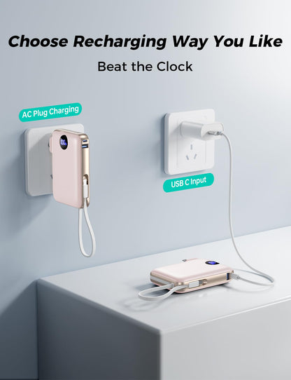 Sucrosey Portable Charger with Built-in Cables & Wall Plug, 10000mAh Power Bank, 4 Outputs 22.5W USB C Fast Charging, Slim Travel Battery Pack with LED Display for iPhone 17/16/15/14, Rosegold