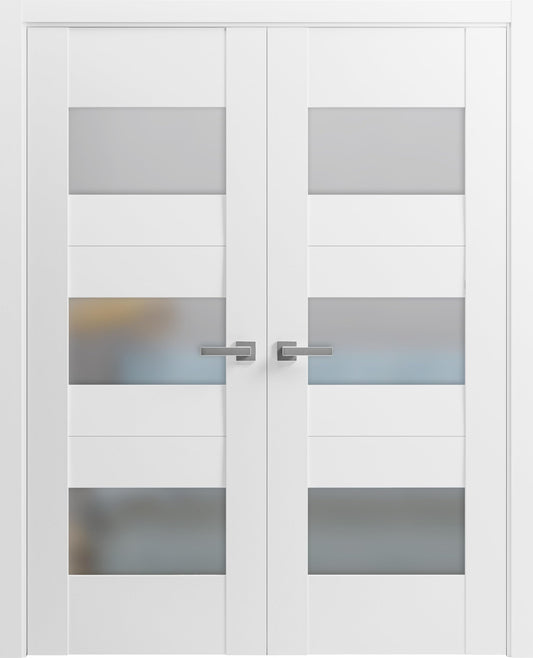 VDOMDOORS Sete 6003 | Double Swing Interior French Doors with Glass with Frosted Glass, MDF, Hardware Included, 56x96, White, Modern
