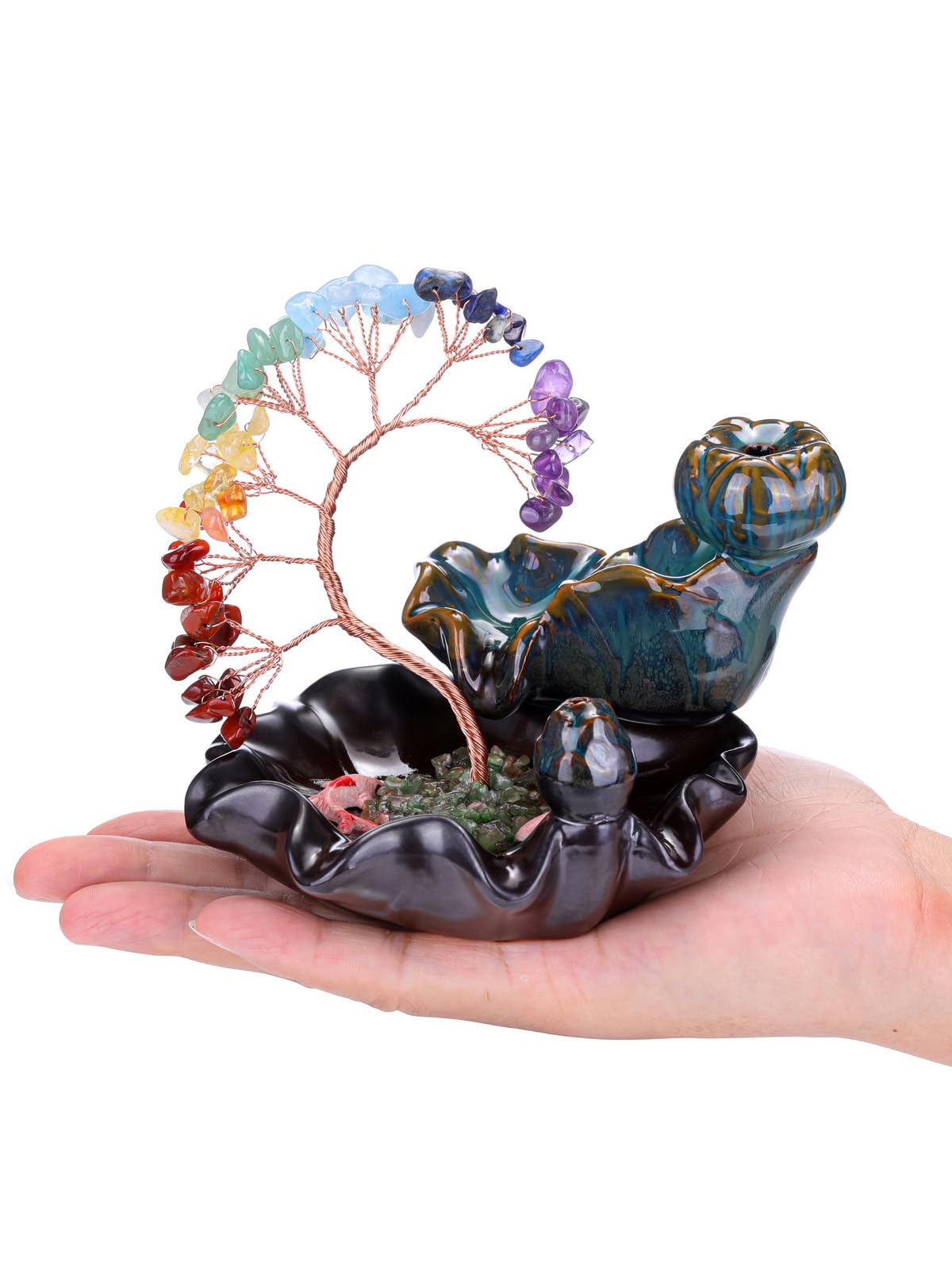 Jovivi Backflow Incense Burner Ceramic Incense Waterfall,7 Chakra Stones Healing Crystal Money Tree Incense Holder for Wealth, Good Luck, Yoga Meditation, Home Decor