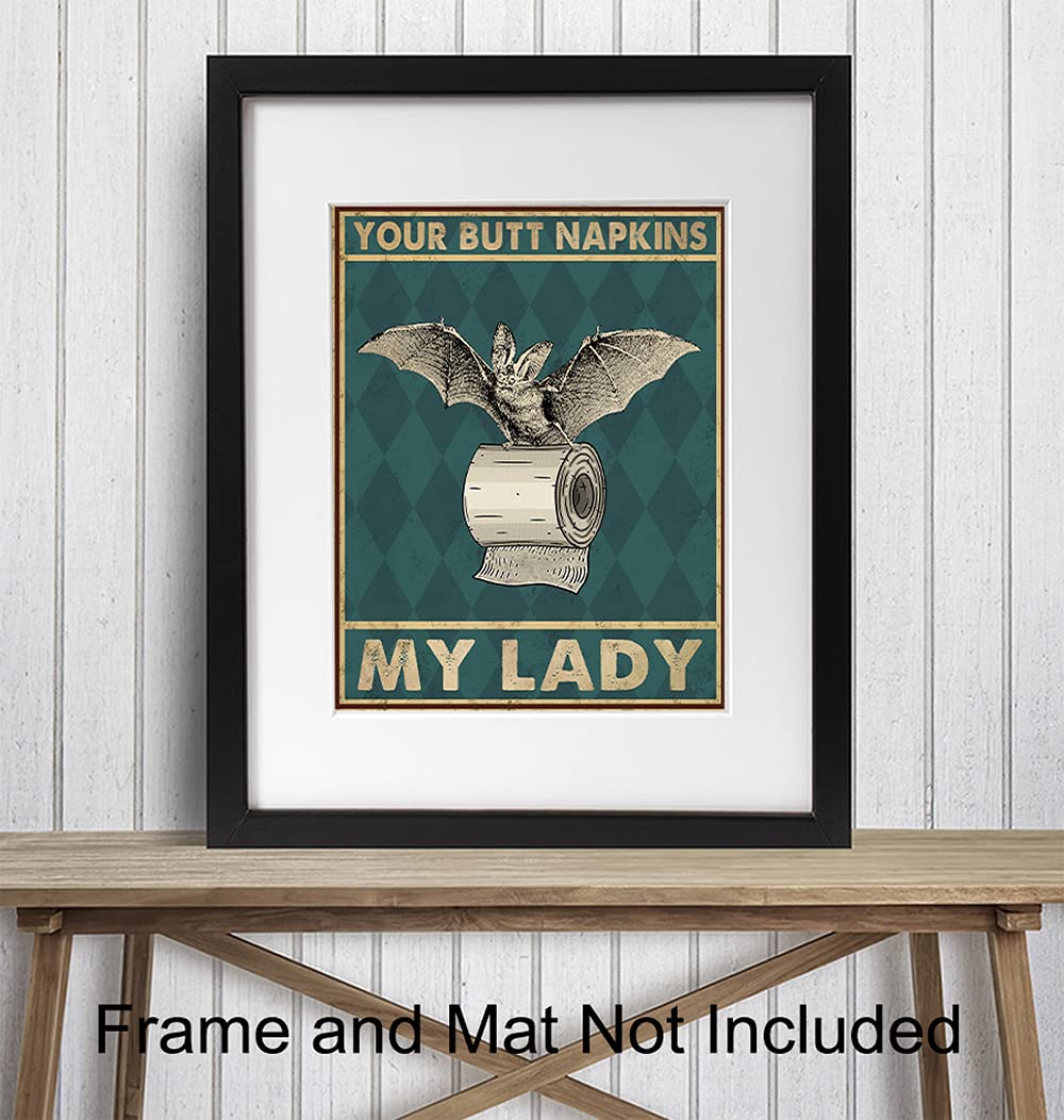 Your Butt Napkins My Lady - Gothic Bathroom Decor for Women - Bat Wall Decor - Funny Guest Bathroom Wall Art - Toilet Paper Art Decorations - Restroom Sign - Bath Picture - Powder Room Artwork
