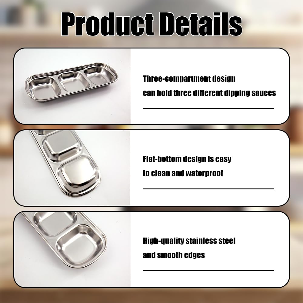 JBESUHI 6 Pcs Stainless Steel Soy Sauce Dish - Korean 3 Compartment Dip Bowls, Silver Divided Sauce Plate Seasoning Tray for BBQ, Vinegar, Spice, Salt, Sugar, Home & Restaurant (Silver)