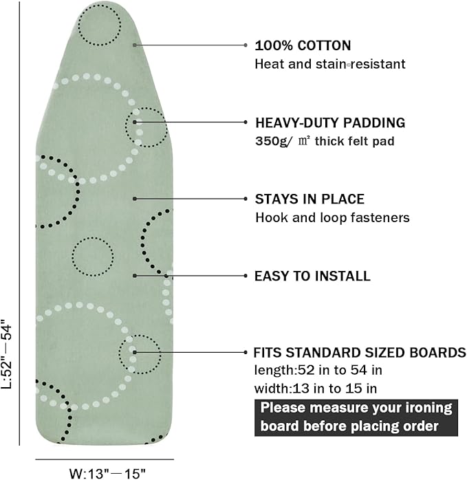 Ironing Board Cover and Pad Standard Size 15" x 54", 3 Pairs of Hook and Loop