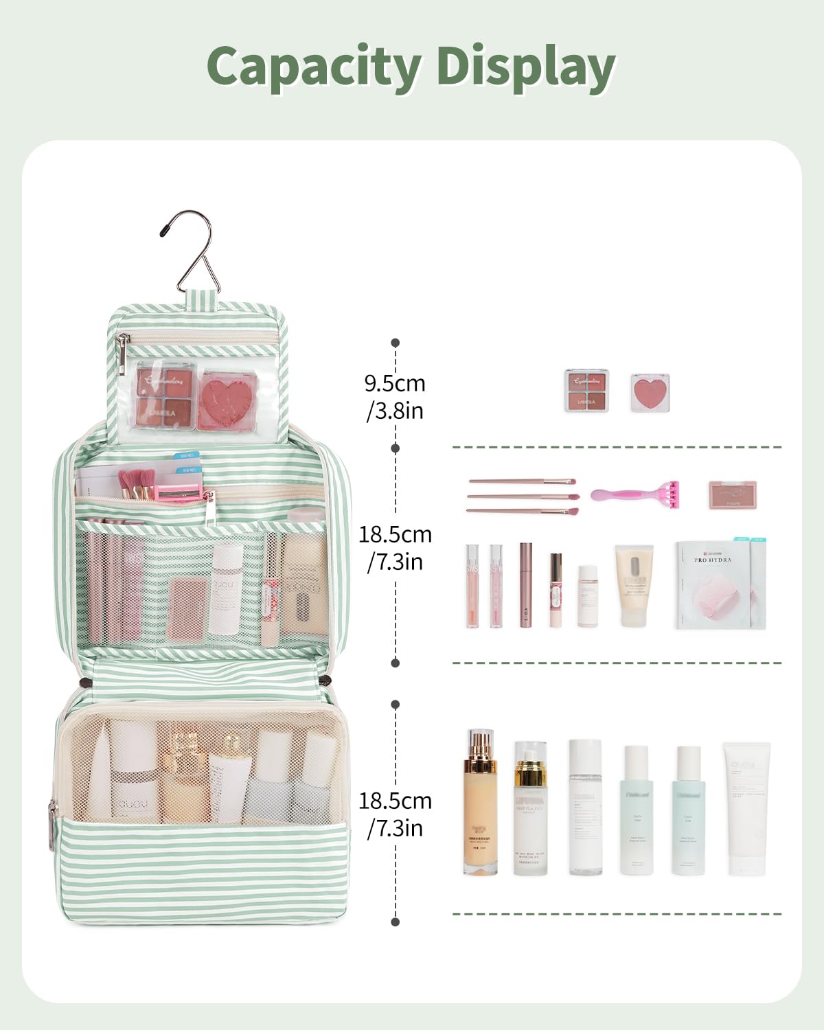 Travel Hanging Toiletry Wash Bag Toiletry Bags for Women Toiletries Bag Washbag Makeup Cosmetic Organizer for Men Girls (Mint Green Stripe)