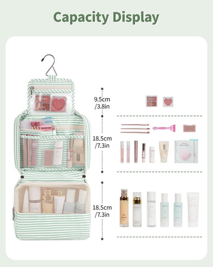 Travel Hanging Toiletry Wash Bag Toiletry Bags for Women Toiletries Bag Washbag Makeup Cosmetic Organizer for Men Girls (Mint Green Stripe)