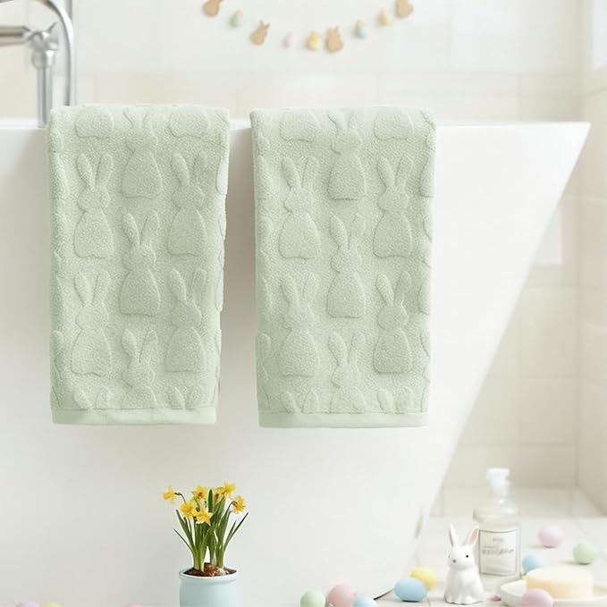 Artoid Mode 2 Pcs Light Green 3D Rabbit Jacquard Easter Hand Towels
