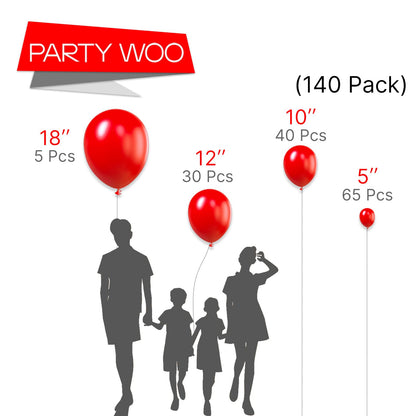 PartyWoo Red Balloons 140 pcs Different Sizes of 18 12 10 5 Inch Red Balloon Arch Kit Garland for Birthday Graduation Bachelorette Citizenship Anniversary Cherry Casino Theme Party Decorations Red-Y57